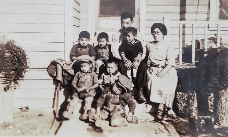 A family portrait of Terry Hara's grandfather, Otoji Hara, and grandmother, Kimiye Hara, with their sons Toshio, Iwao and Keichi, on Terminal Island in 1924. Hara's grandfather was a superintendent at one of the canaries on Terminal Island.
