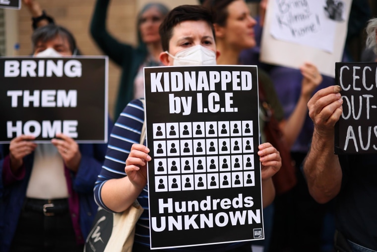 Demonstrators protest the deportation of immigrants to El Salvador outside the Permanent Mission of El Salvador to the United Nations on April 24, 2025 in New York City.