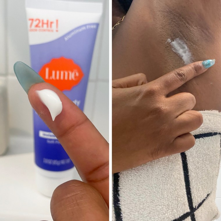 Left: a finger with a small dollop of Lume Whole Body Deodorant on the tip, in front of a sink with a Lume Whole Body Deodorant tube in the background.
Right: Morris spreading the Lume Whole Body Deodorant across her armpit.